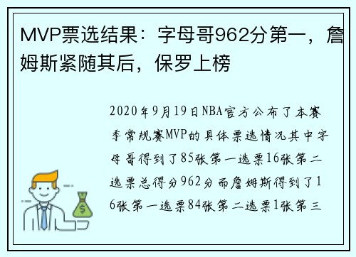 MVP票选结果：字母哥962分第一，詹姆斯紧随其后，保罗上榜