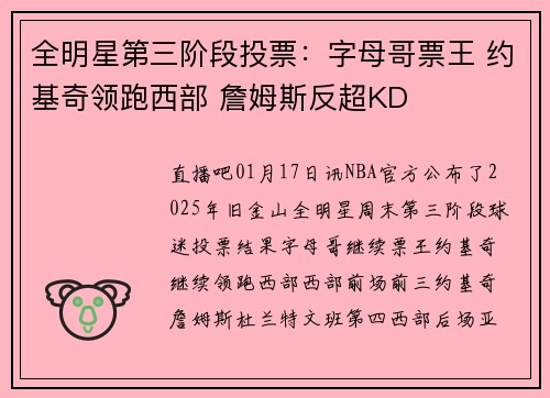 全明星第三阶段投票：字母哥票王 约基奇领跑西部 詹姆斯反超KD