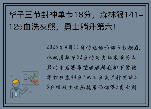 华子三节封神单节18分，森林狼141-125血洗灰熊，勇士躺升第六！
